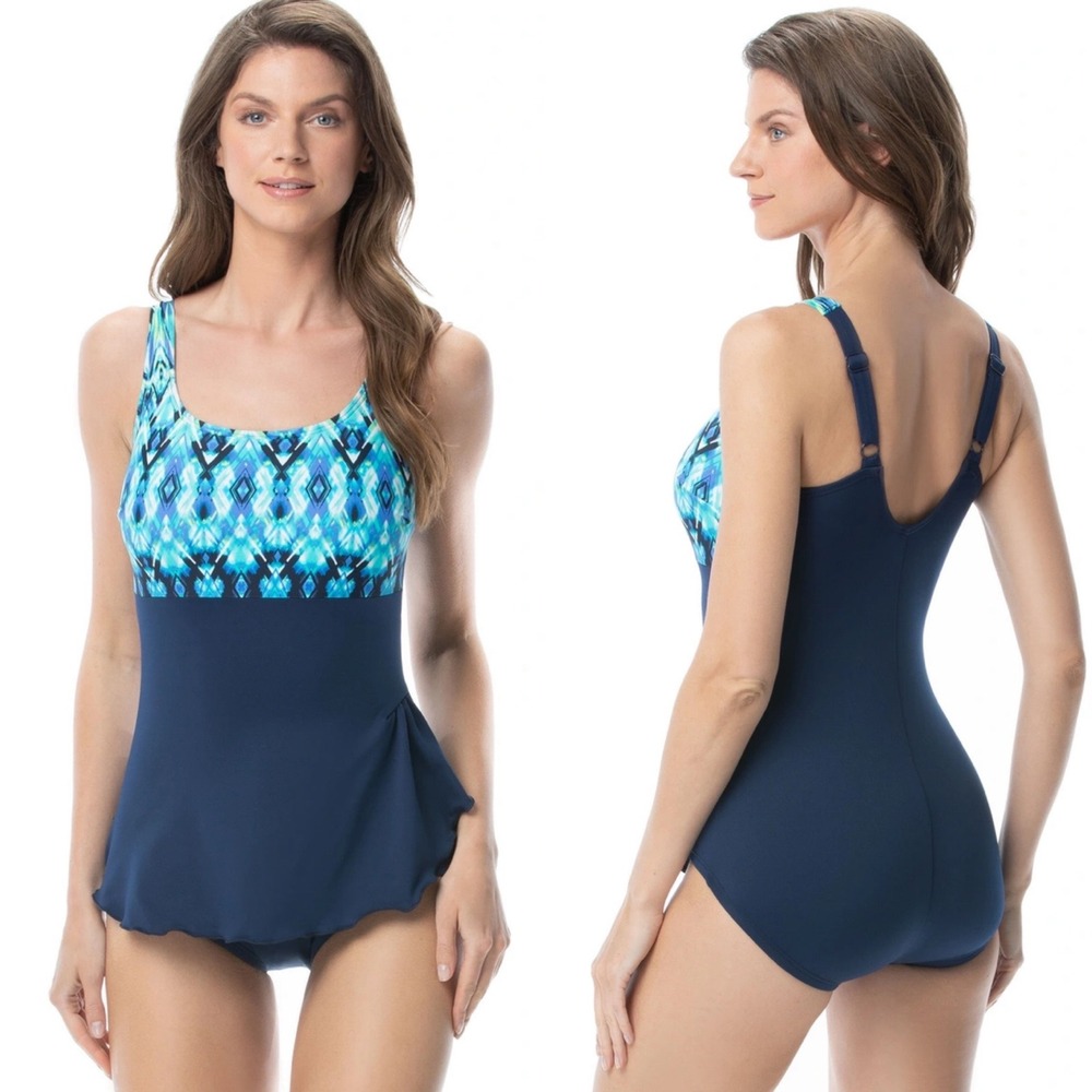 Gabar‎ One Piece Swimsuit Square Neck Sarong Reflective Geo Womens Size 14 D NEW
